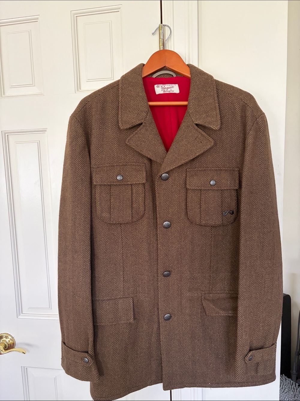 Original Penguin Brown Herringbone Field Jacket with Red Lining Accent